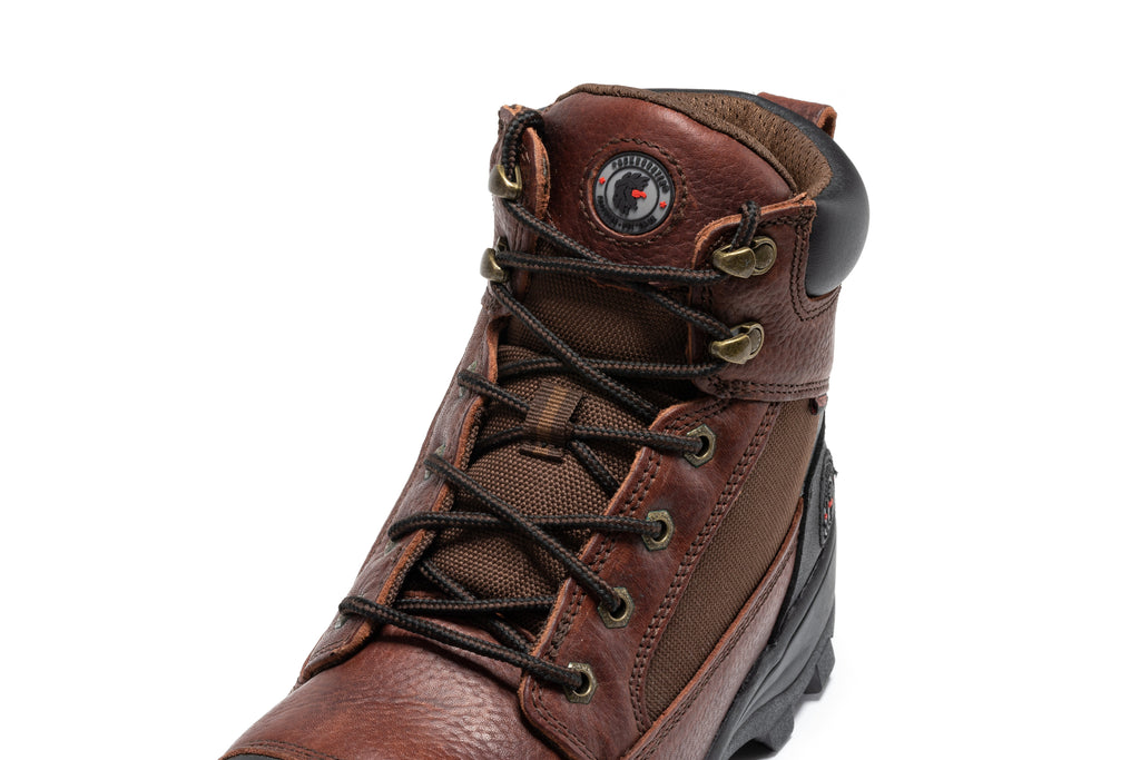Brown waterproof work boot top view with lace-up closure and padded collar