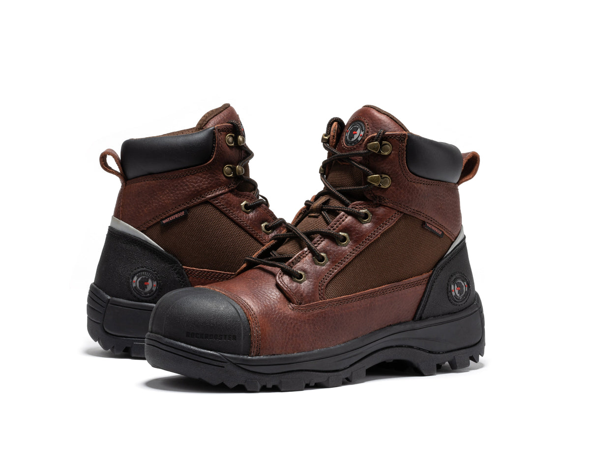 Pair of brown waterproof work boots with lace-up fronts, black trim, and lug tread soles