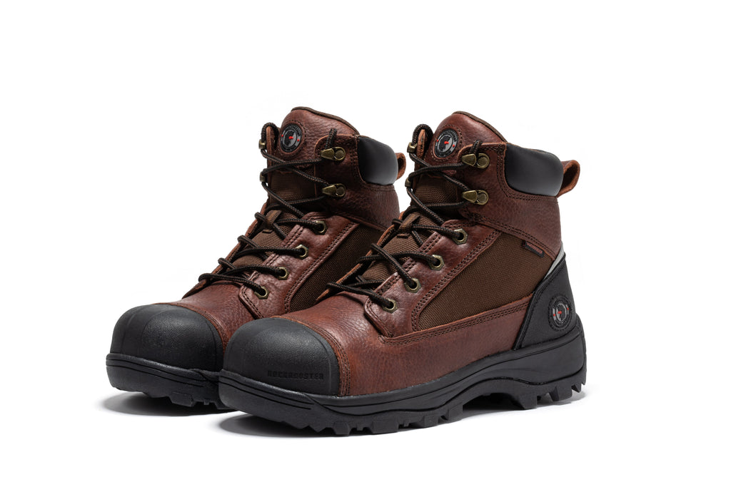 Brown 6-inch lace-up work boots with padded collar and treaded rubber outsole
