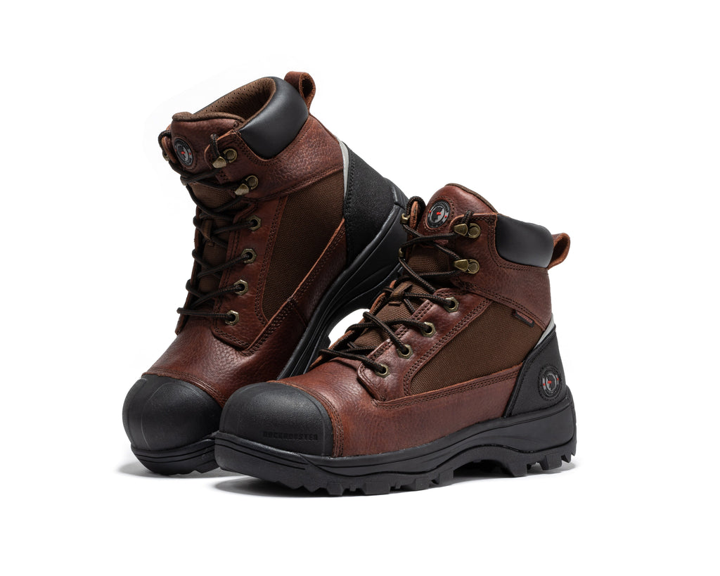 Brown 6-inch lace-up work boots, side view, padded collar, treaded rubber outsole