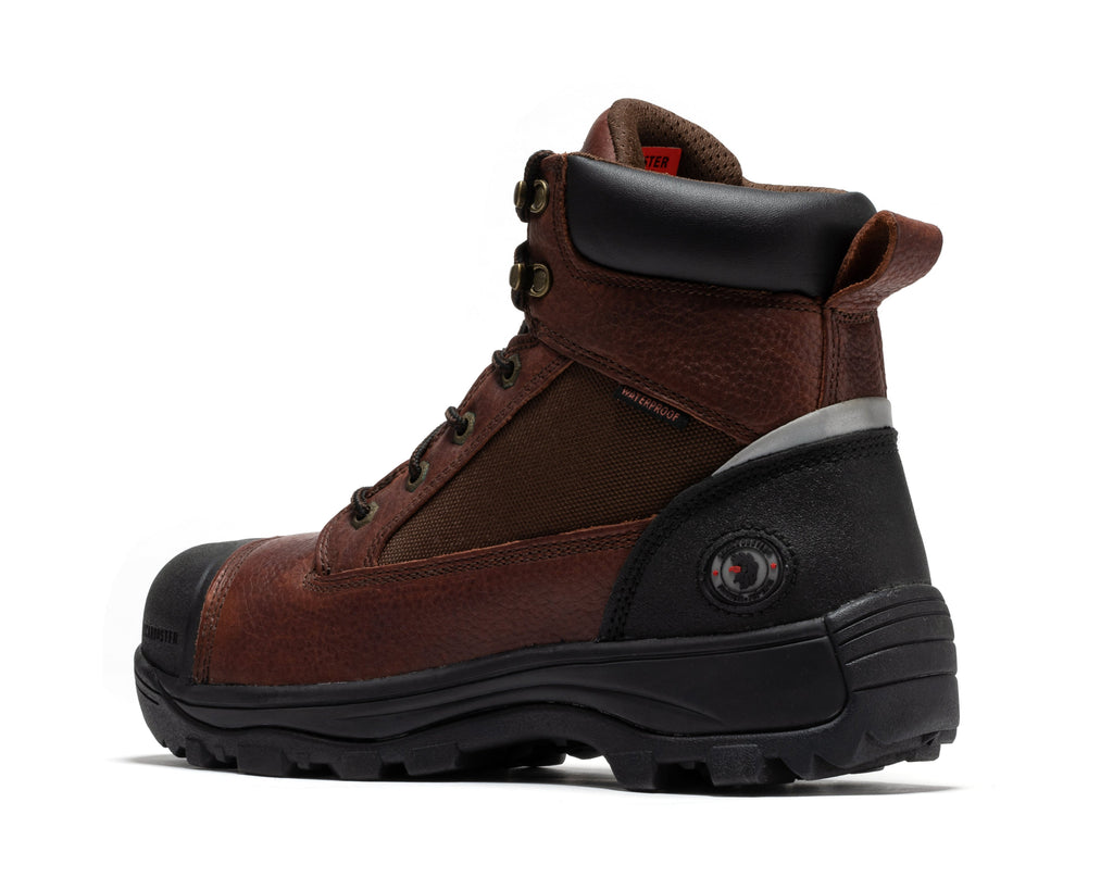 Brown waterproof work boots, lace-up style with black collar panel and thick lug sole