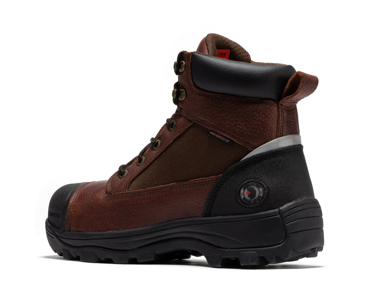 Brown waterproof work boots, lace-up style with black collar panel and thick lug sole
