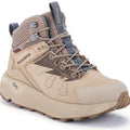 6-inch waterproof hiking boot in tan with blue-gray collar and lace-up front