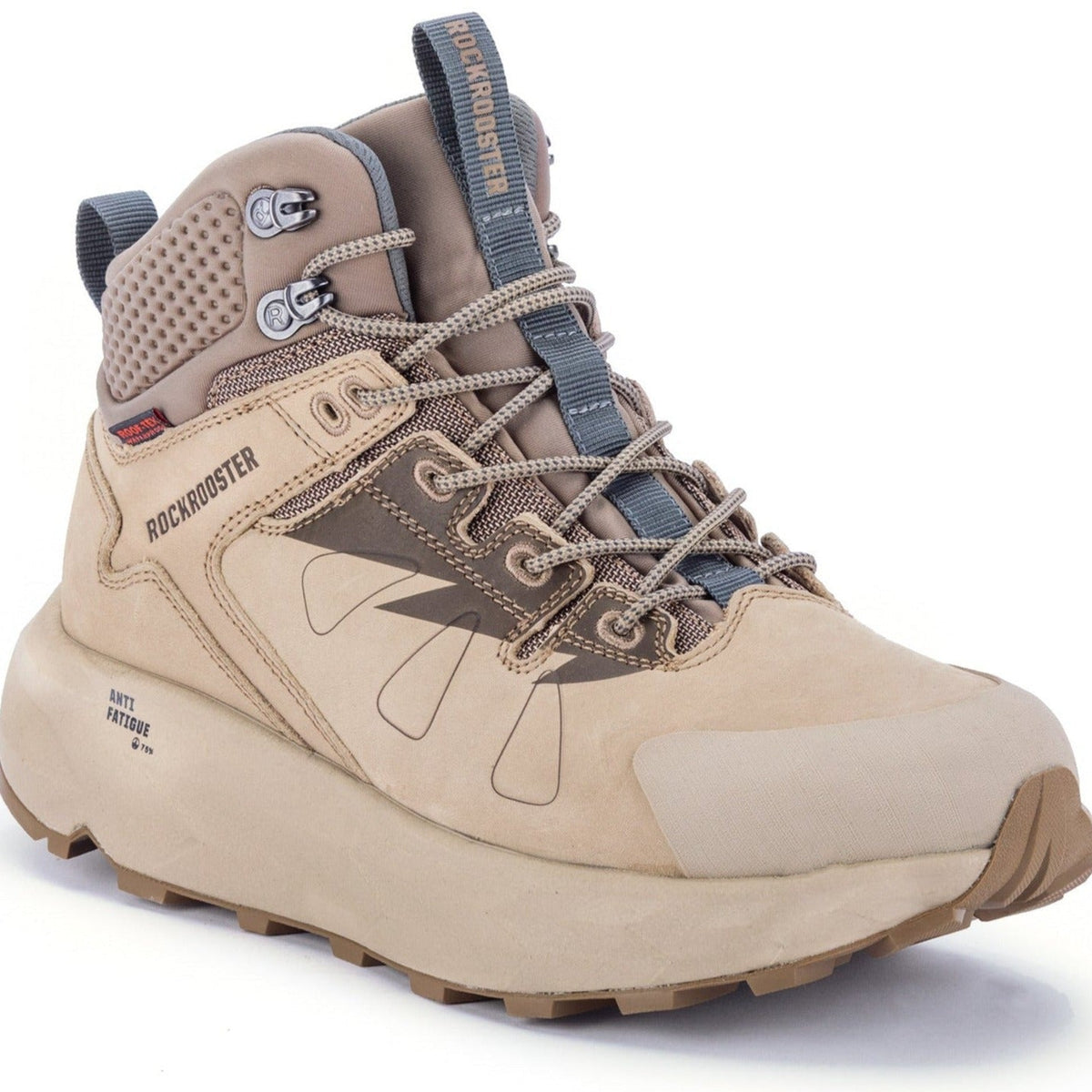 6-inch waterproof hiking boot in tan with blue-gray collar and lace-up front
