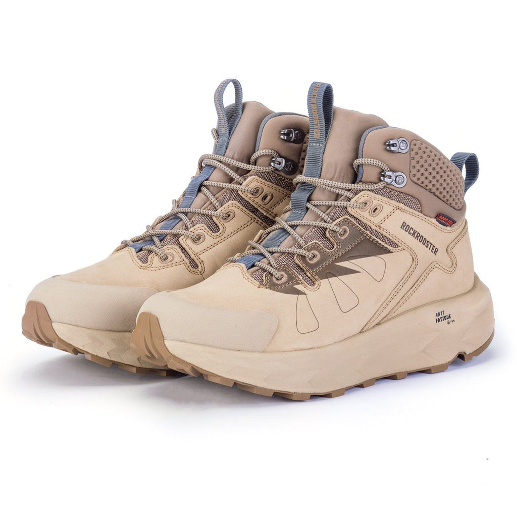 Pair of tan 6-inch waterproof hiking boots with blue-gray laces and rugged outsole