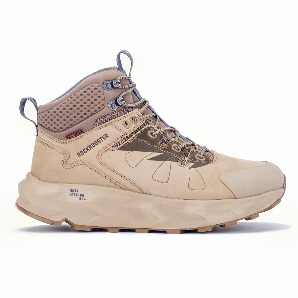 Tan 6-inch waterproof hiking boot with blue-gray eyelets, laces, and tread sole
