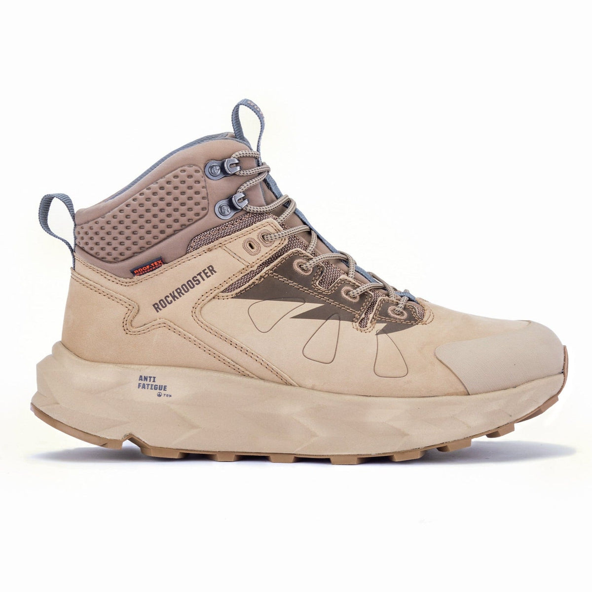 Tan 6-inch waterproof hiking boot with blue-gray eyelets, laces, and tread sole