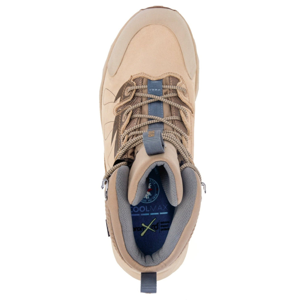 Tan waterproof hiking boot showing padded tongue and blue lining at the opening