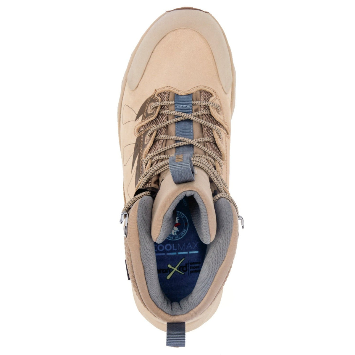 Tan waterproof hiking boot showing padded tongue and blue lining at the opening