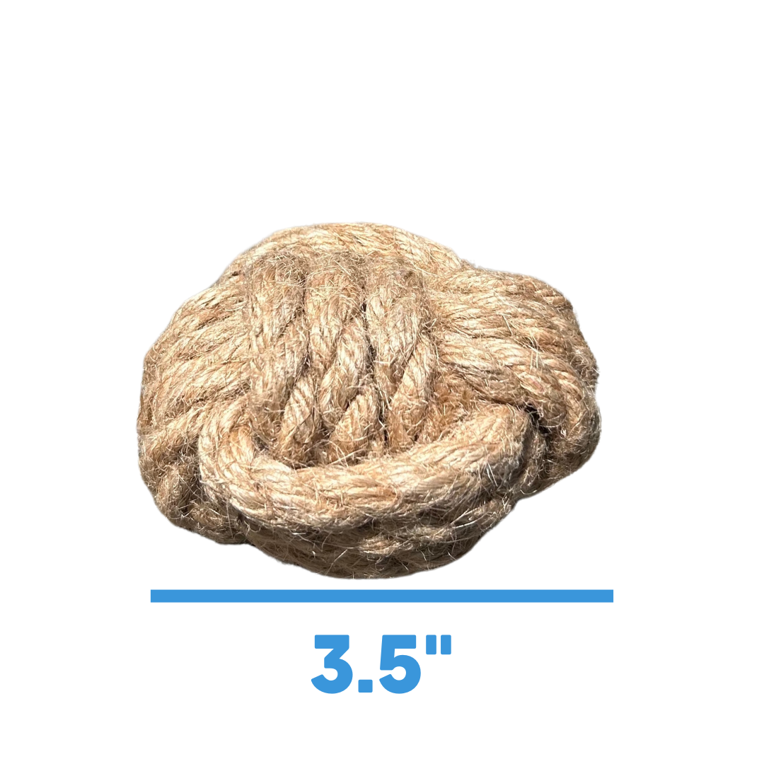 Braided hemp rope knot ball for tugging in tan and dark fibers