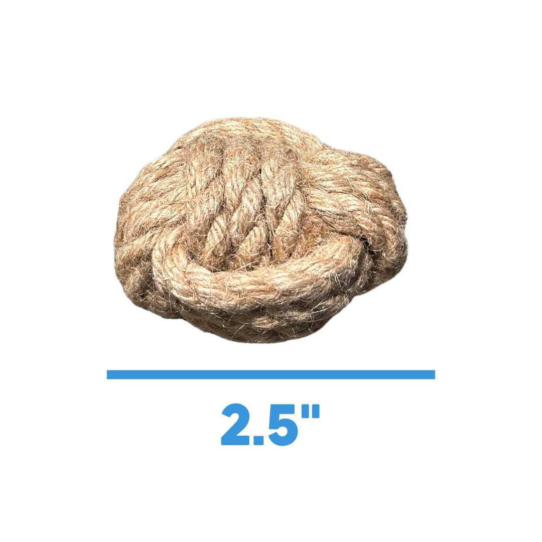 Braided hemp rope knot ball for tugging in tan and brown fibers