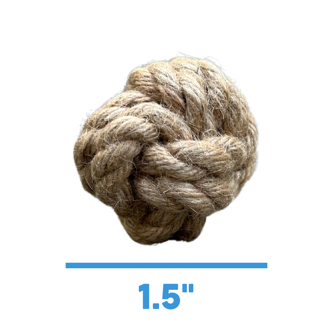 Braided hemp rope knot ball for tugging in light tan fibers with tight twists