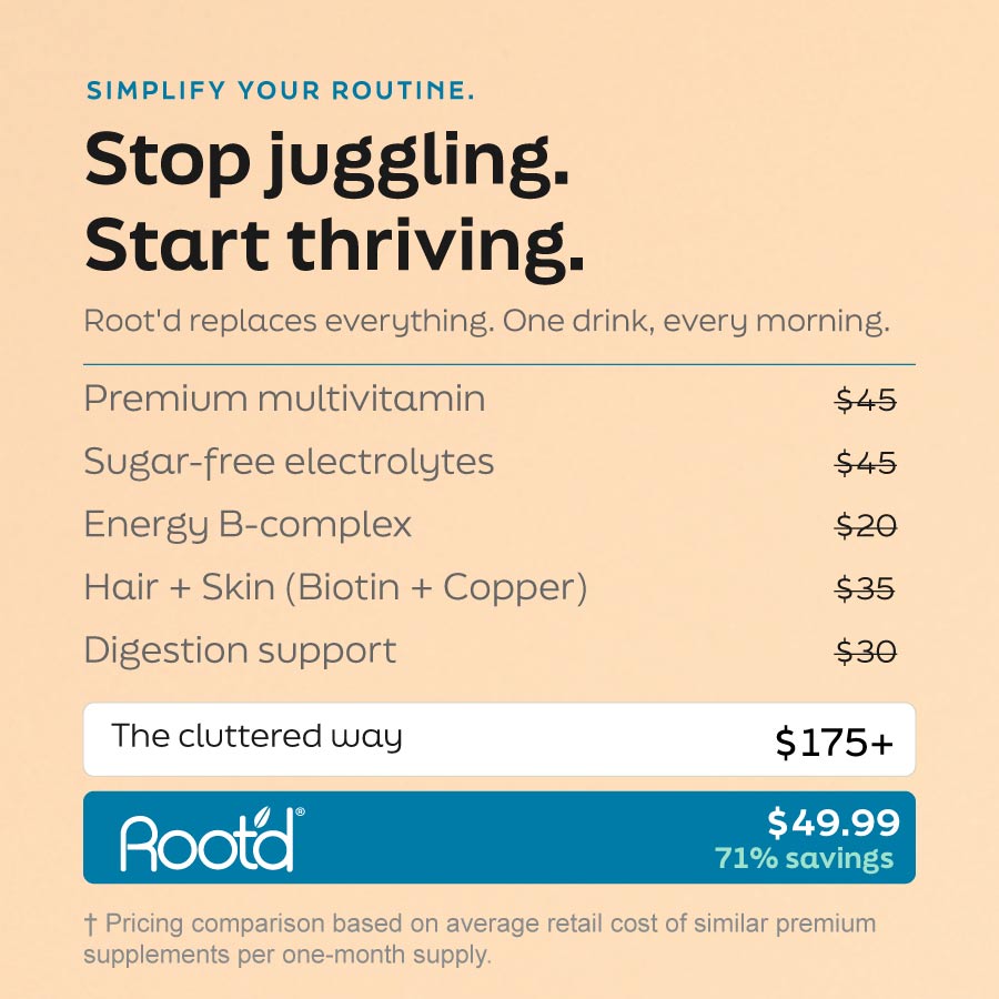 Rootd her multi pricing comparison graphic for daily multivitamin drink mix