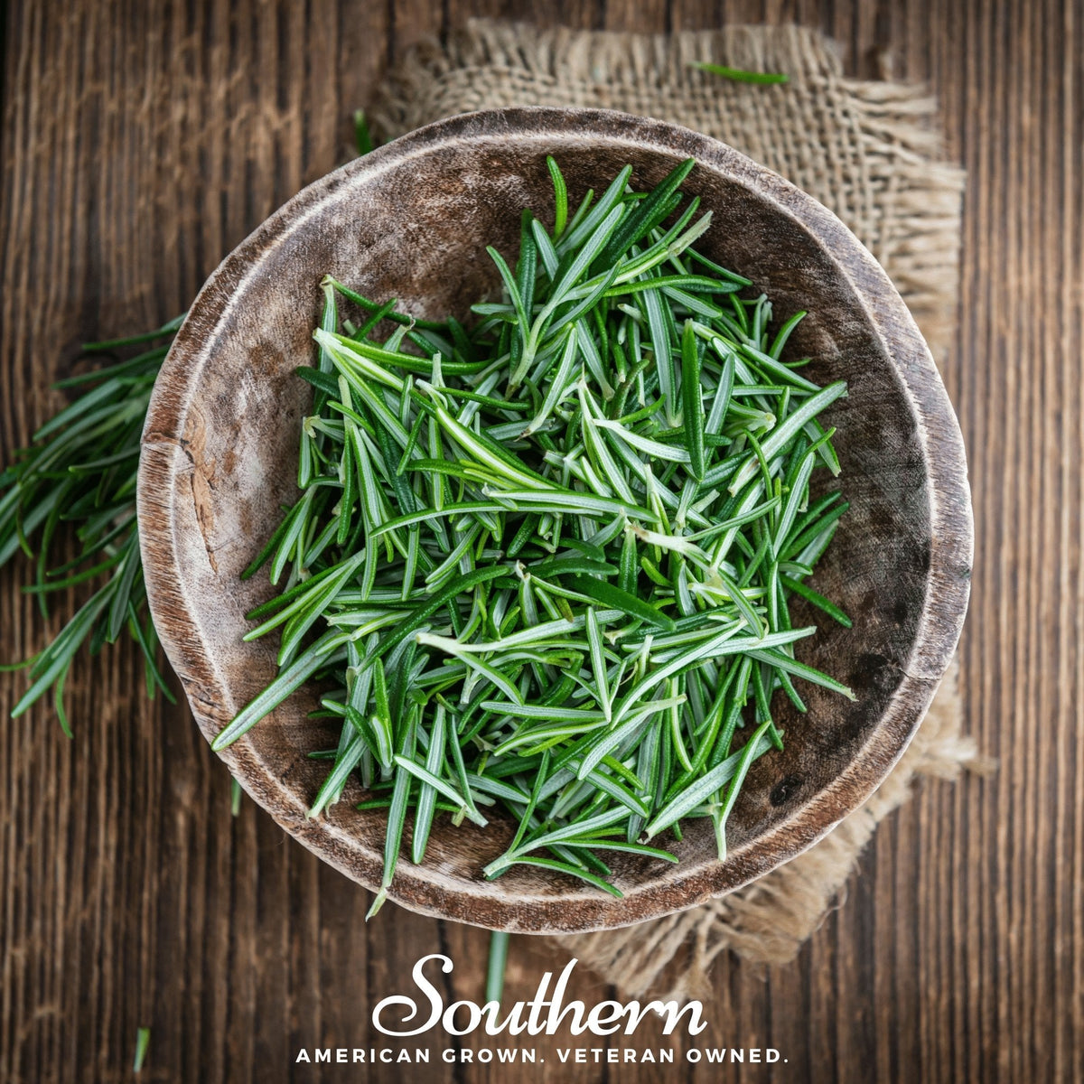 Rosemary cut sprigs in a bowl with green needle-like leaves