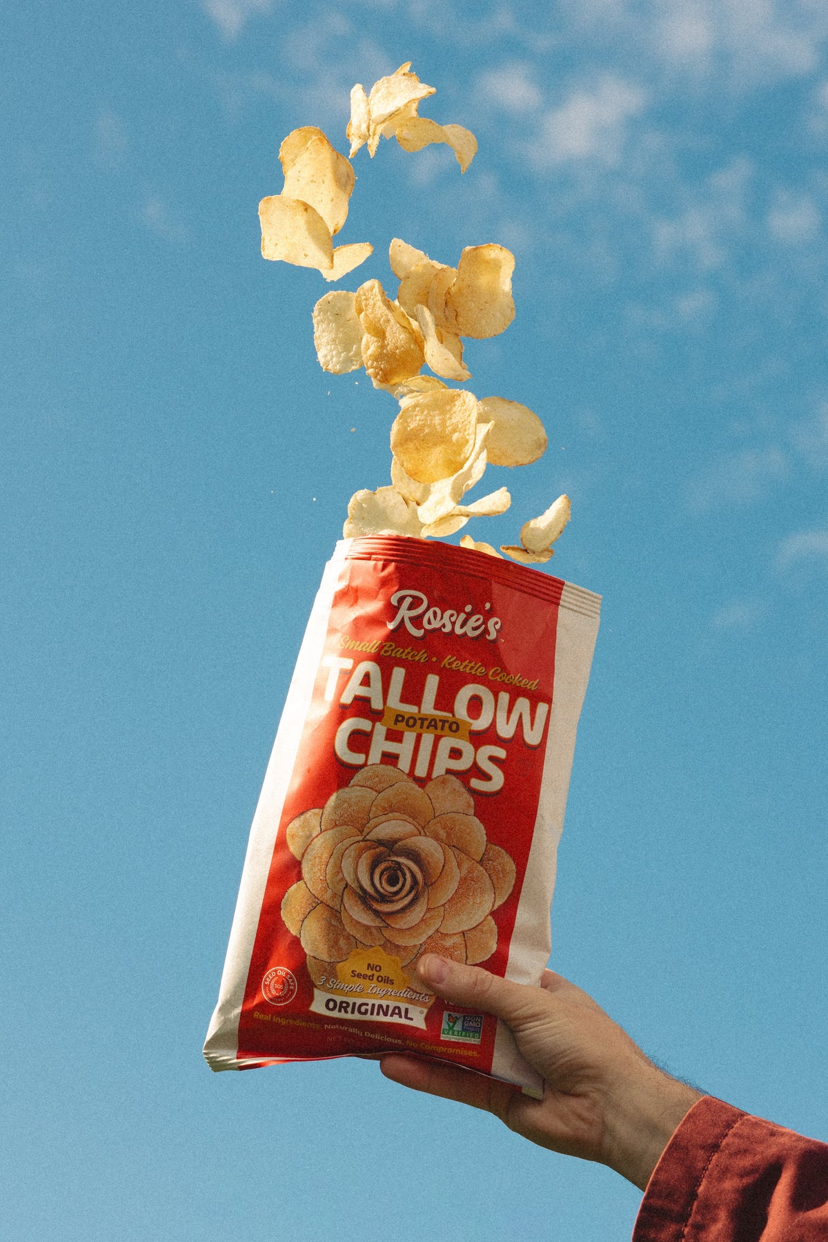 Hand holding a tallow potato chips bag of original sea salt