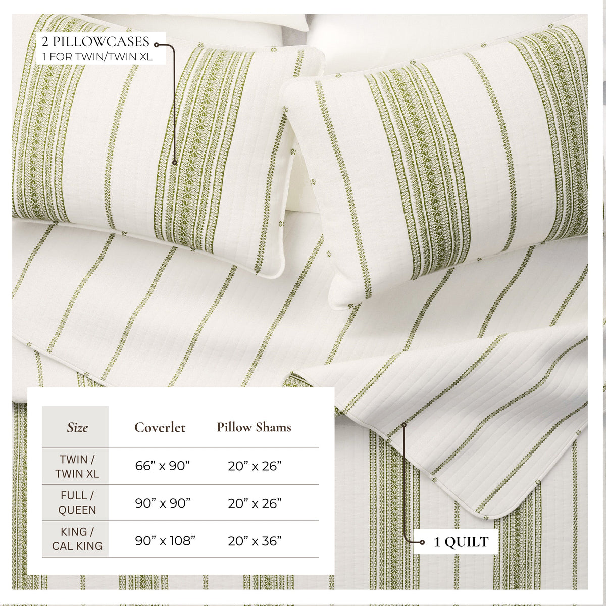 Striped quilt with cream base and green vertical stripes, pillow shams shown.