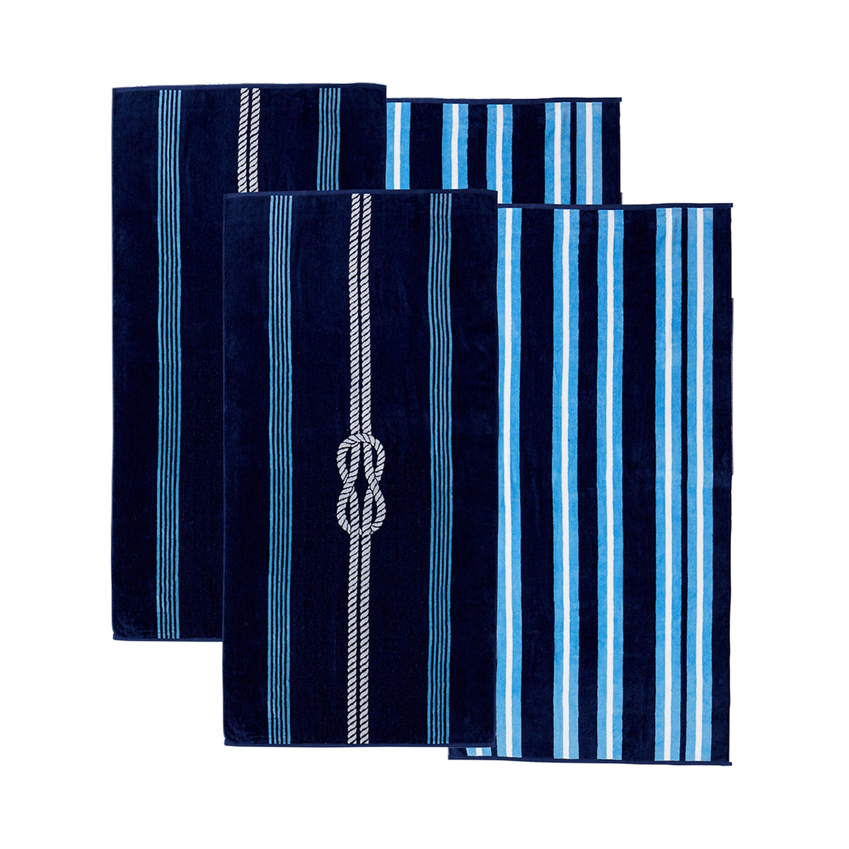 Set of cotton velour beach towels with navy and light blue vertical stripe patterns