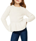 Girls' white crewneck ruffle peplum sweater, long sleeves