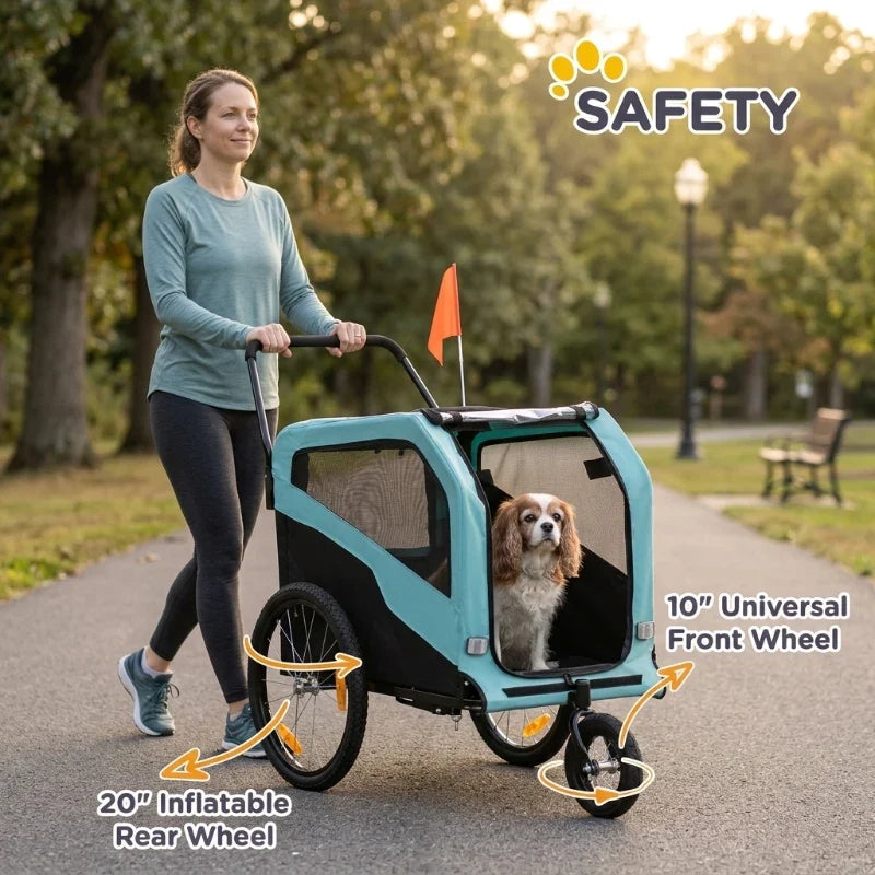 Blue dog stroller trailer with mesh cabin, front wheel support, and handlebar