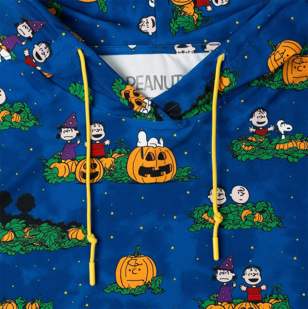 Blue Peanuts Halloween hoodie hood close-up with yellow drawstrings and character print