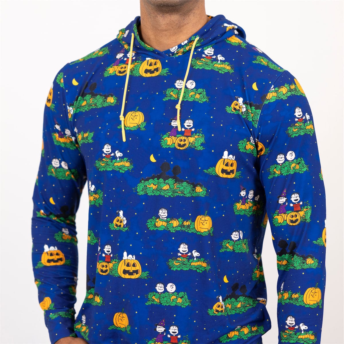 Blue Peanuts Halloween performance hoodie with full-face character pattern, front view