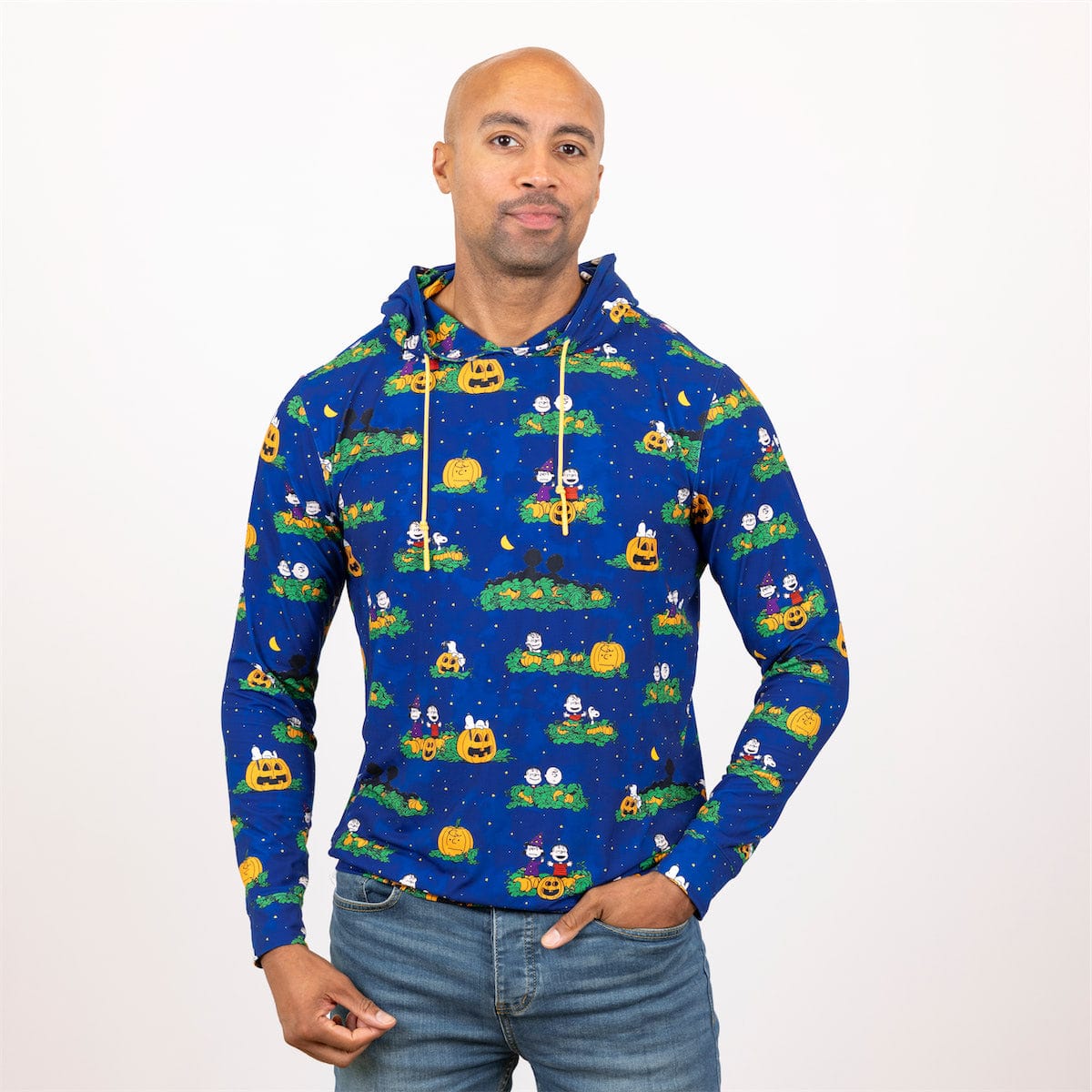 Blue Peanuts Halloween performance hoodie worn by model, front view with yellow drawstrings