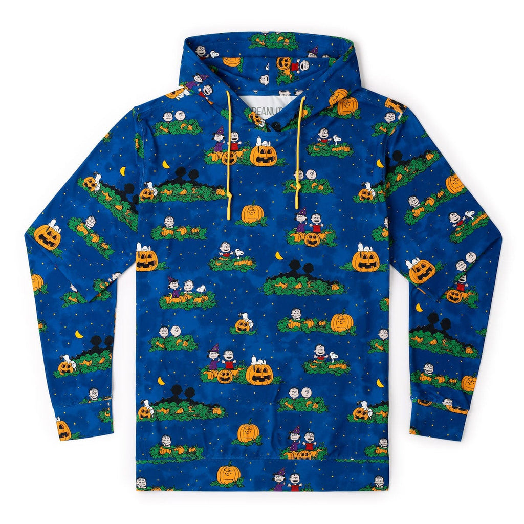 Blue Peanuts Halloween performance hoodie with kangaroo pocket and yellow drawstring hood