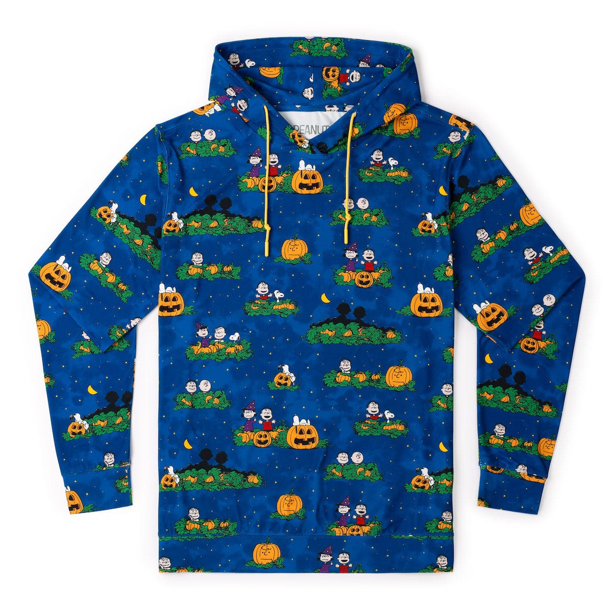 Blue Peanuts Halloween performance hoodie with kangaroo pocket and yellow drawstring hood