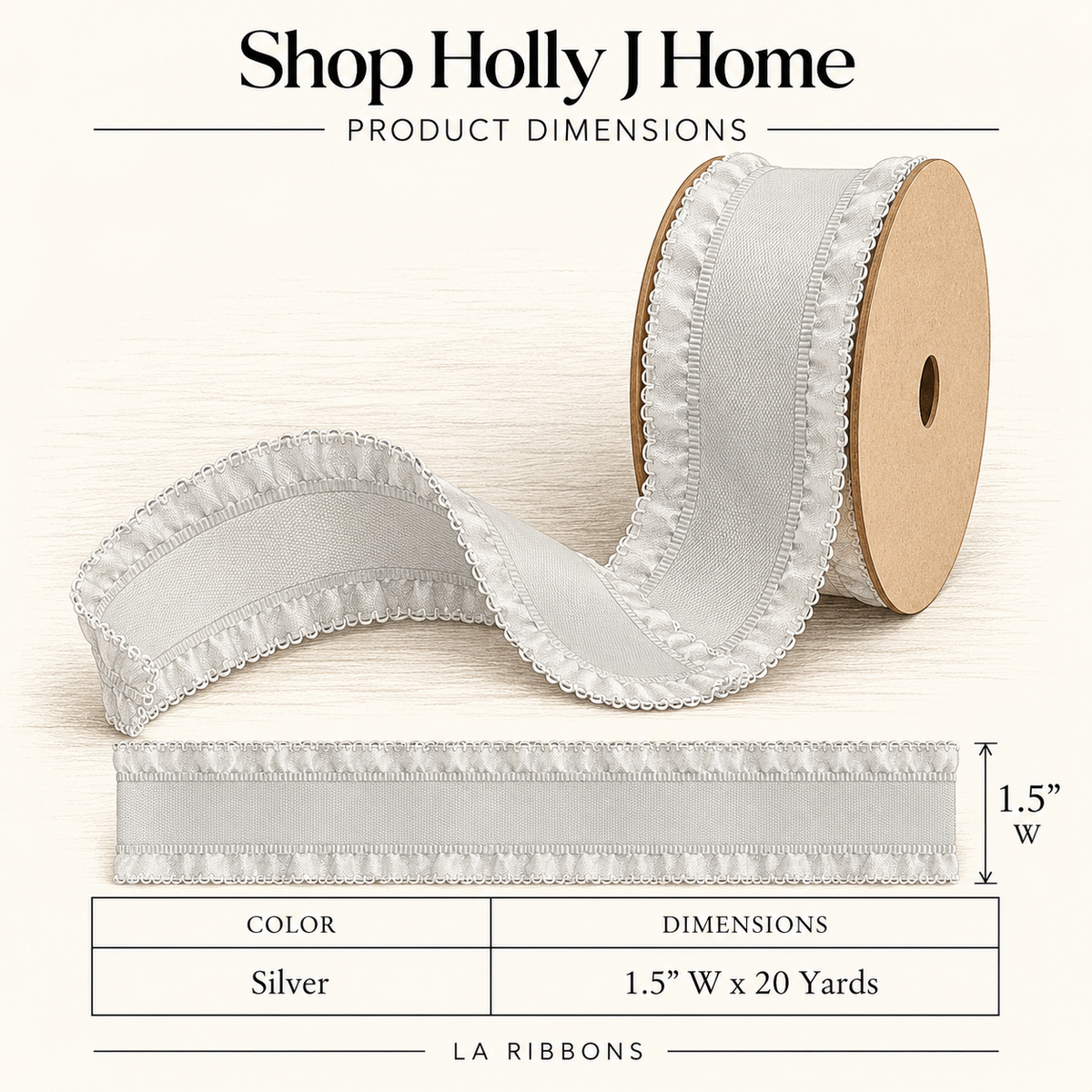Silver ruffle ribbon roll, 1.5 in wide, decorative gathered trim for crafts