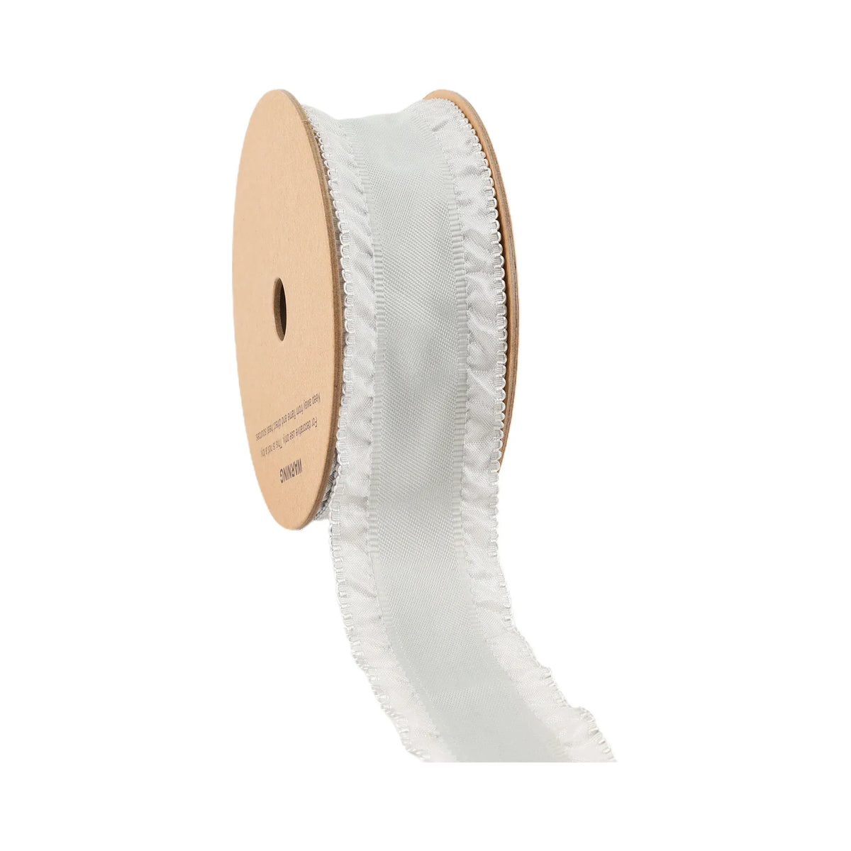 Silver ruffle ribbon on spool, 1.5-inch wide, gathered scalloped edge