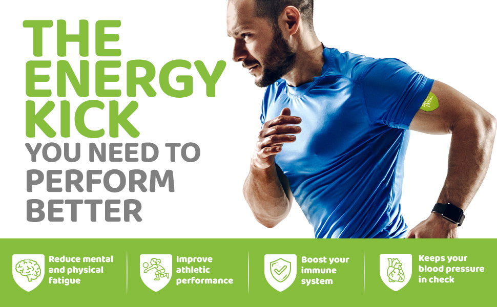 Green transdermal energy patch on man’s upper arm