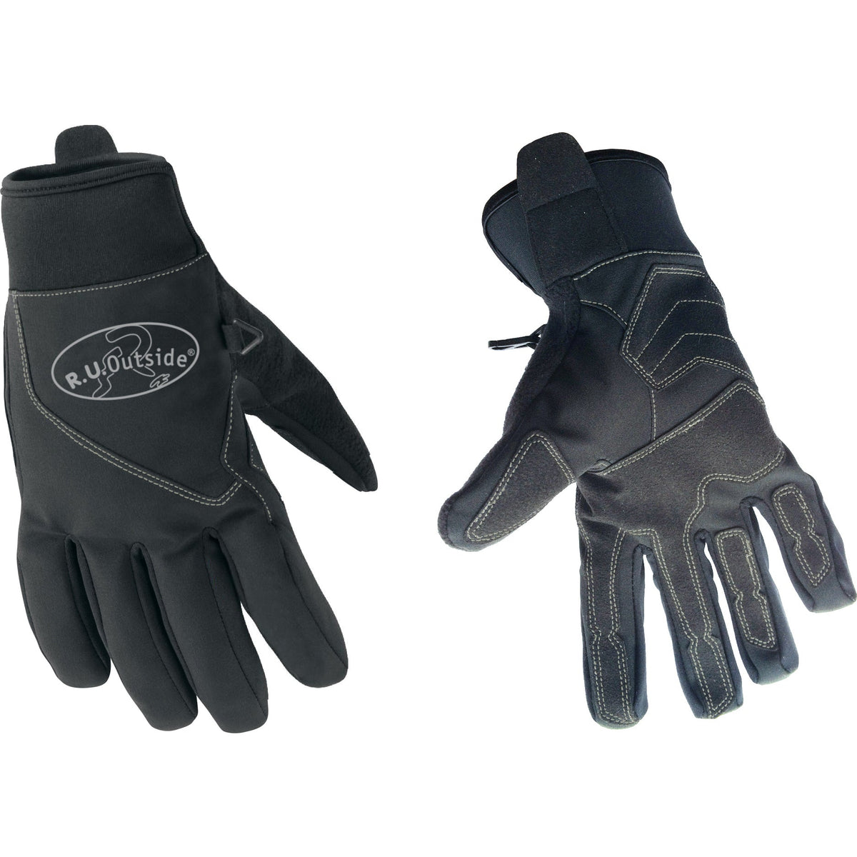 Pair of black gloves with R.U.Outside logo, pull tab and protective knuckle stitching