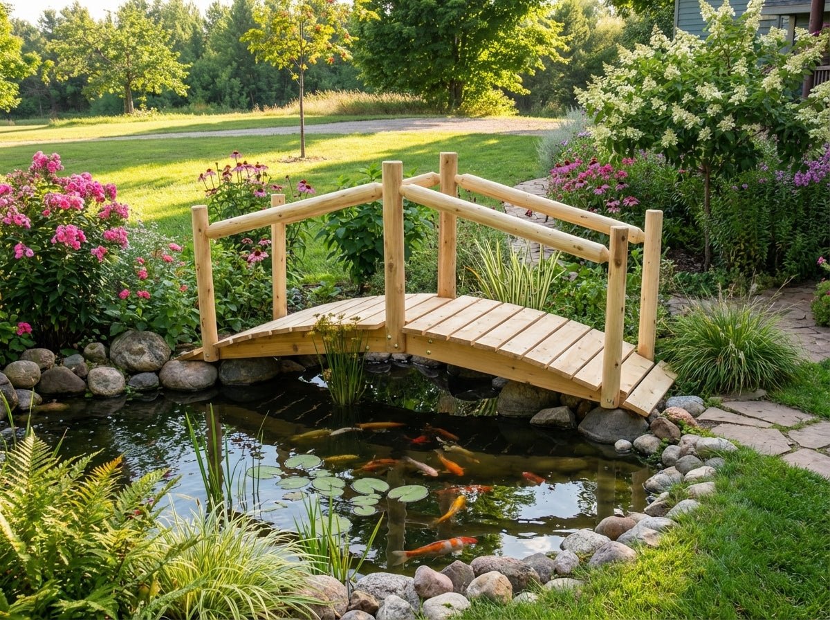 Wooden garden bridge with arched railings and planked walkway over pond