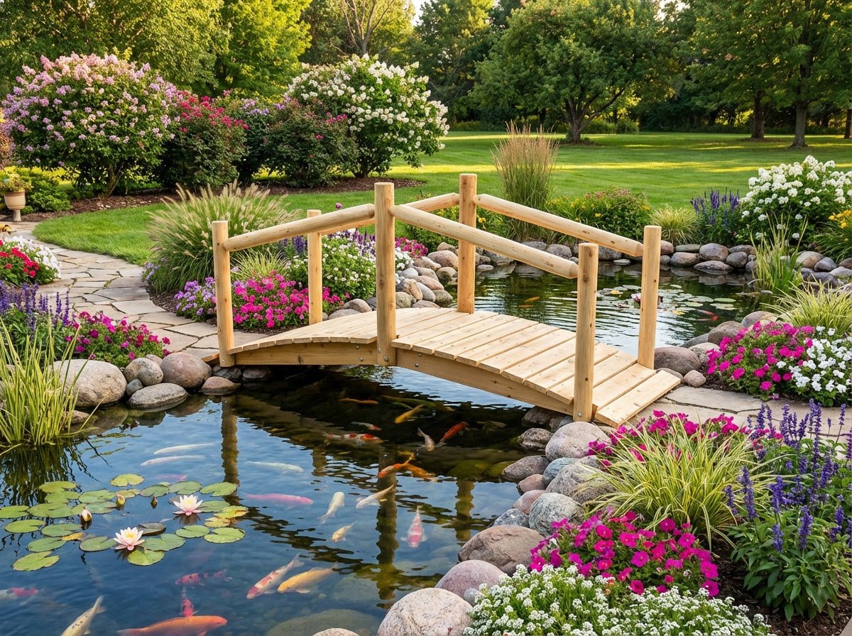 Wooden garden bridge with curved rail and light wood deck over pond