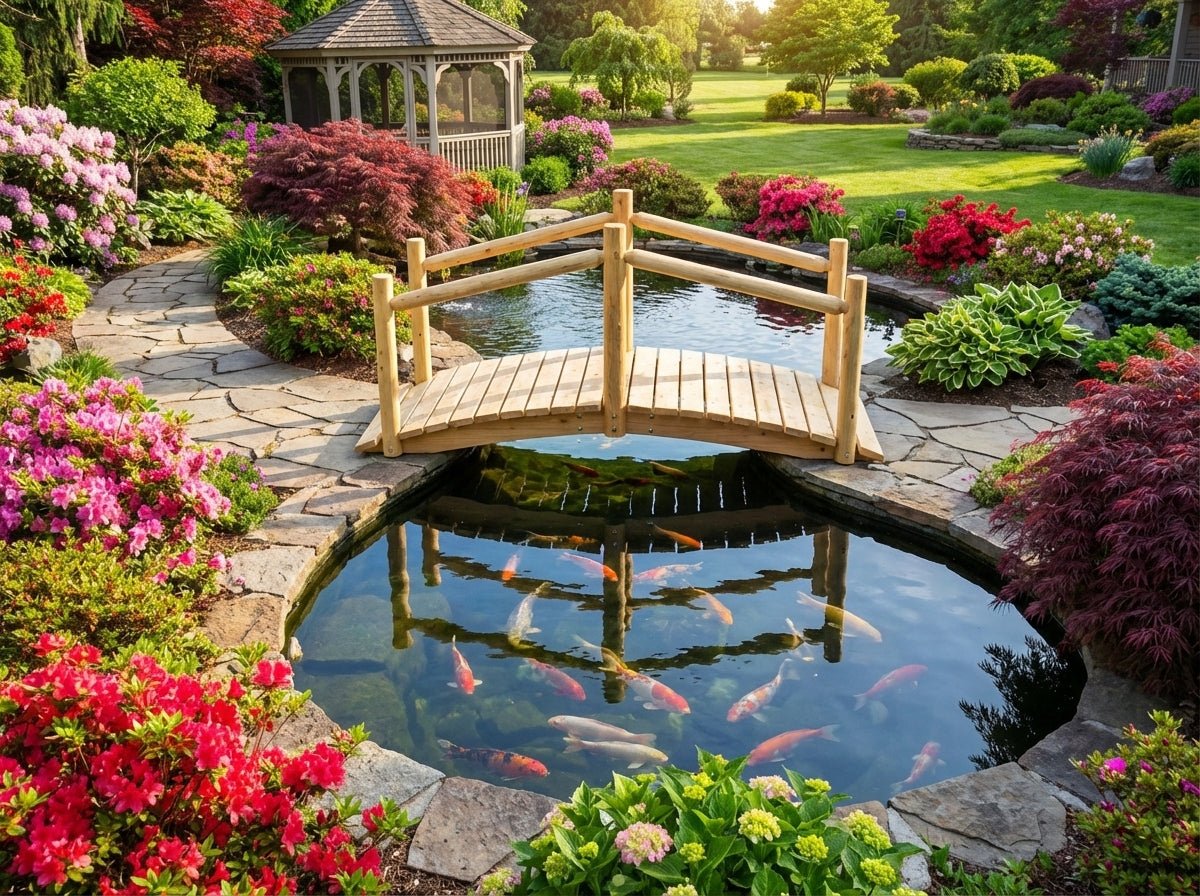 Wooden garden footbridge with guard rails over round pond