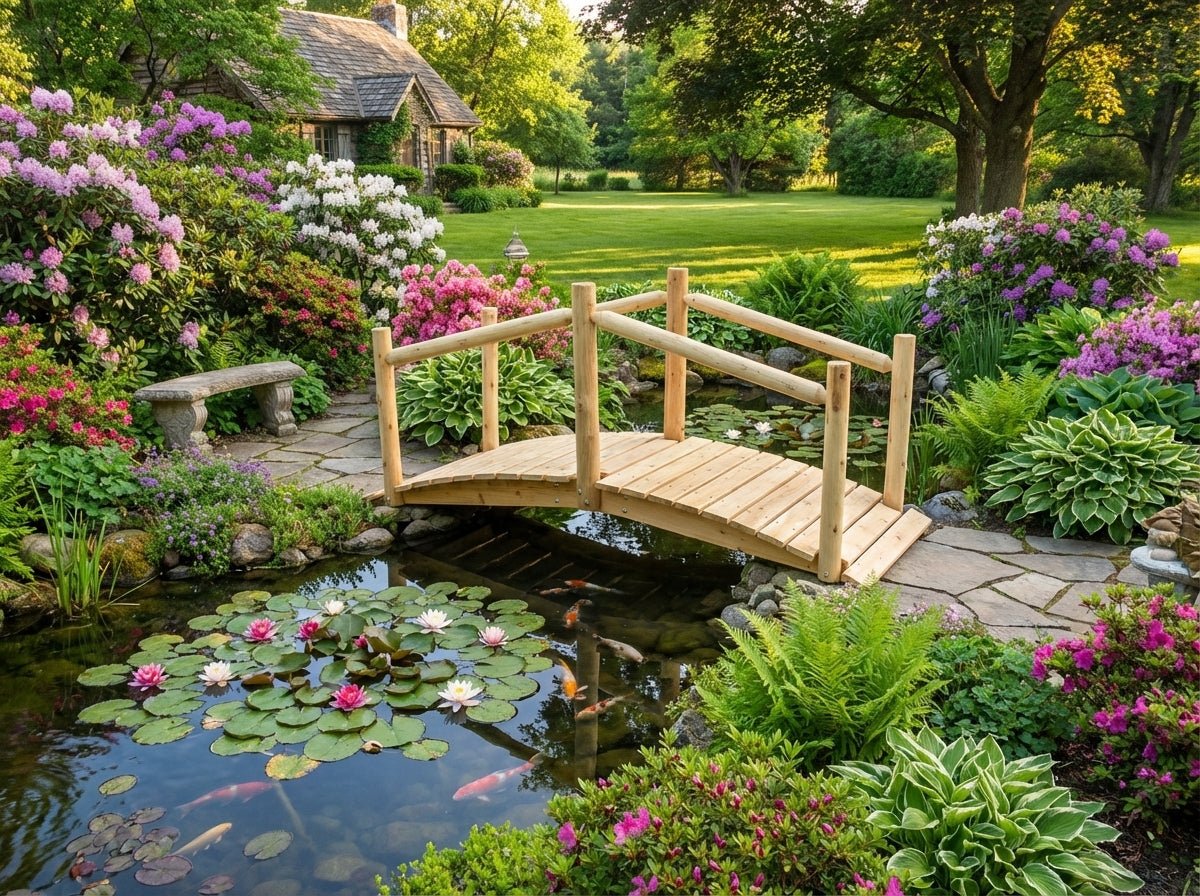 Wooden garden footbridge with railings over pond beside landscaped stone