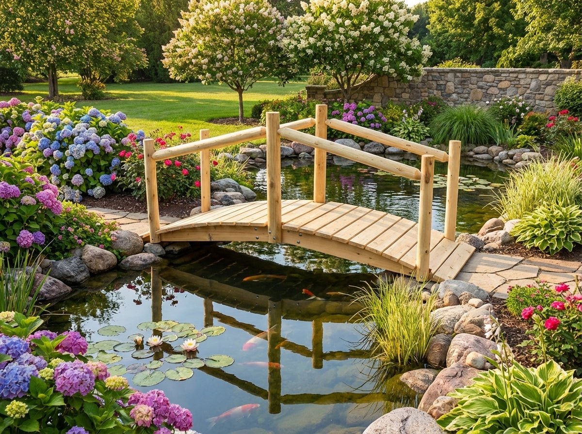 Wooden garden bridge with planked deck and vertical railings over water