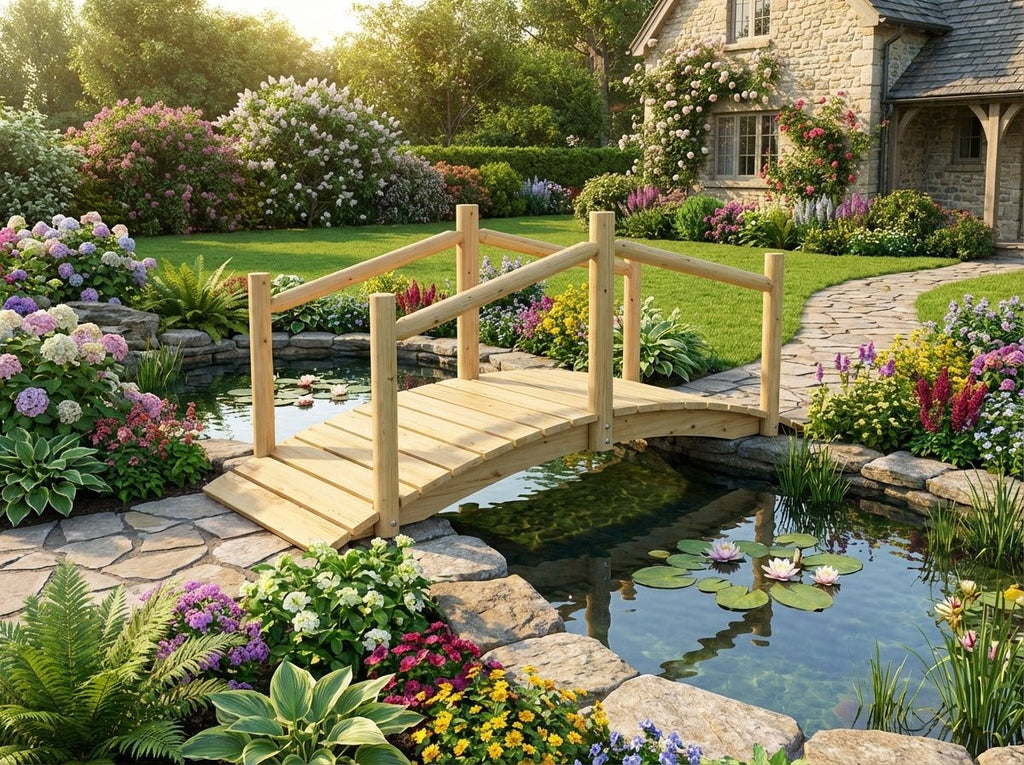 Wooden garden bridge with guard rails and deck over pond near house