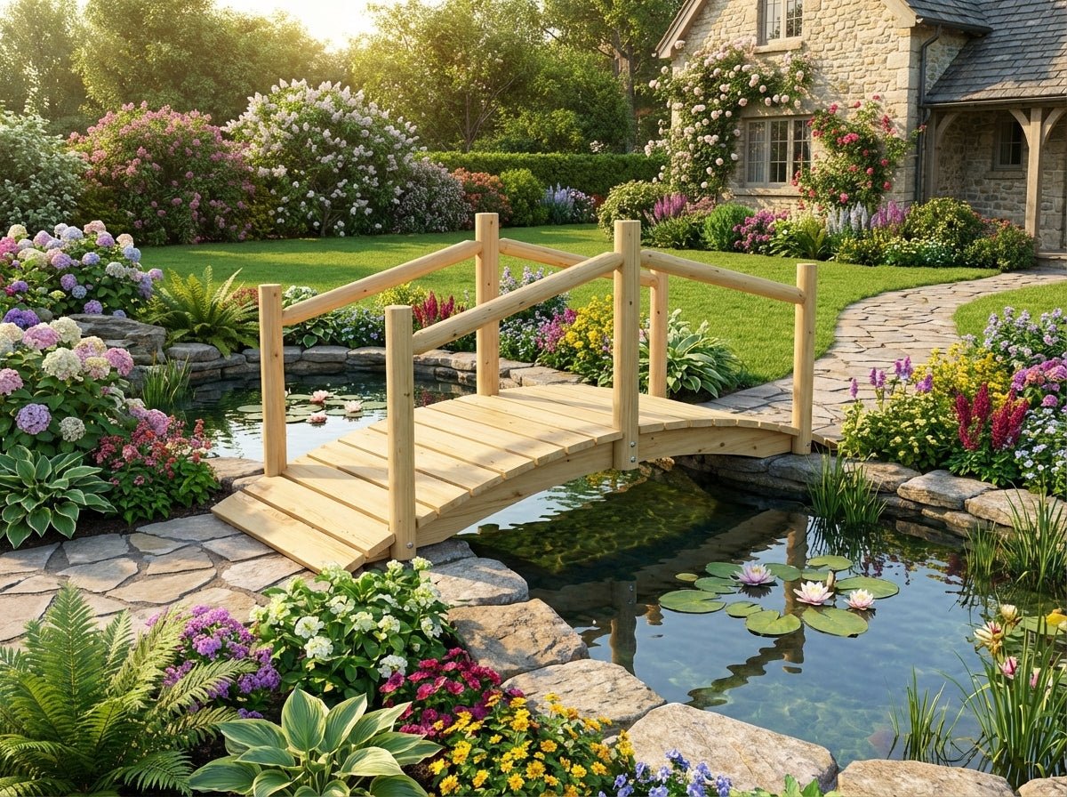 Wooden garden bridge with guard rails and deck over pond near house