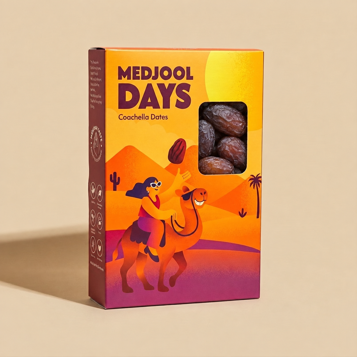 Medjool Days Coachella Dates box with window showing dark purple dates