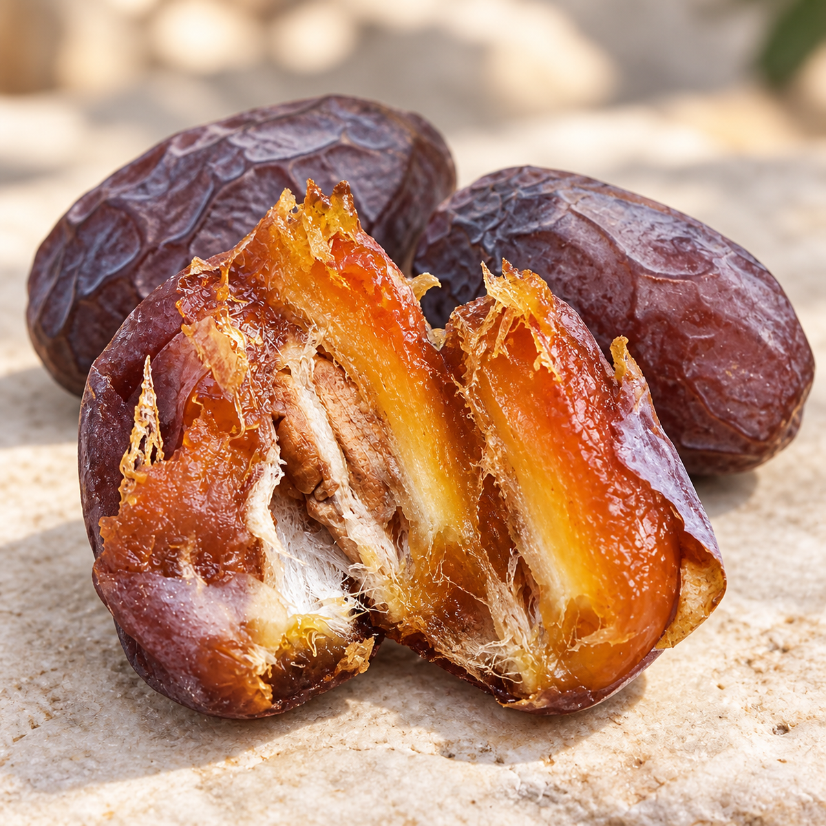 Split dark purple Medjool dates with orange-brown filling exposed