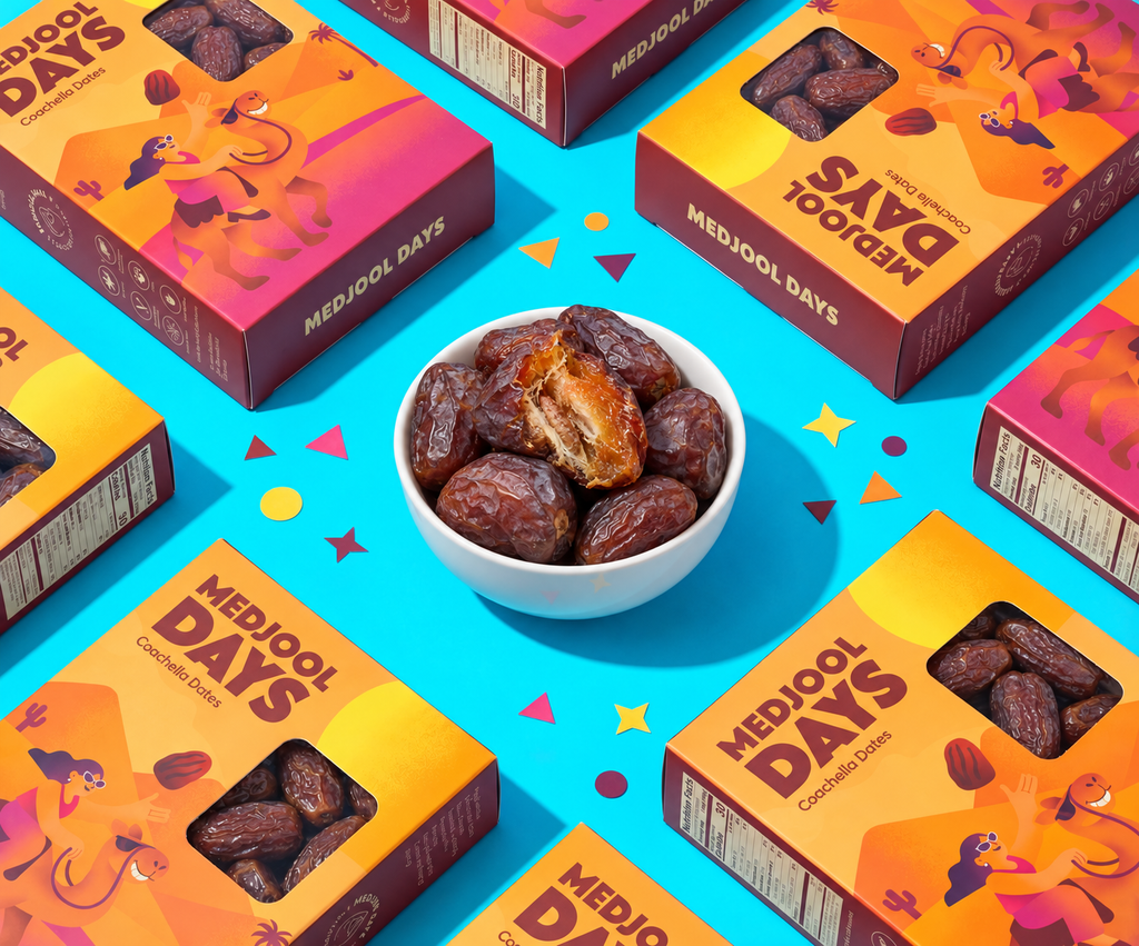 Soft Medjool dates bowl filled with dark red dates, surrounded by product boxes
