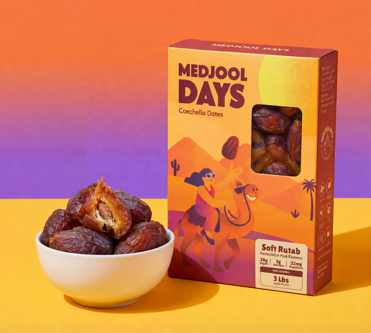 Soft Rutab Medjool dates with yellow bowl and Medjool Days box packaging