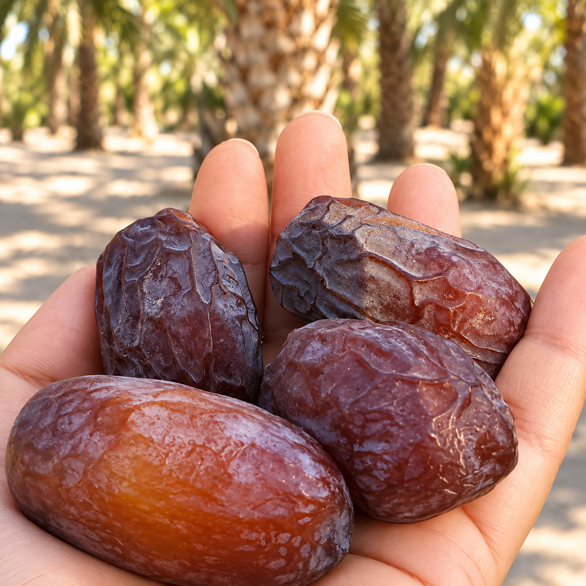 Dark purple Medjool dates held in a hand, whole and wrinkled