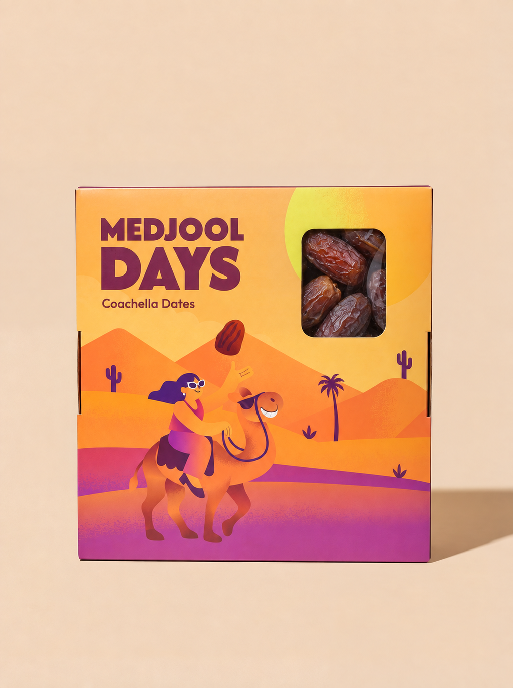 Medjool Days Coachella Dates carton with desert illustration and date window