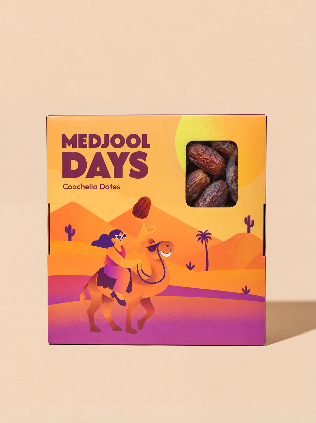 Medjool Days Coachella Dates carton with desert illustration and date window