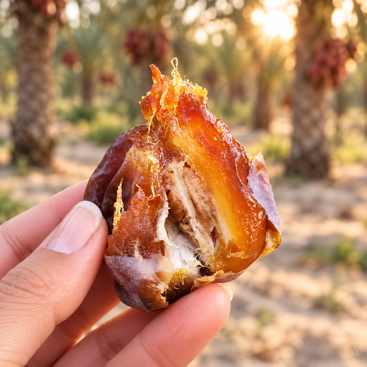 Hand holding a split dark purple Medjool date with bright orange filling