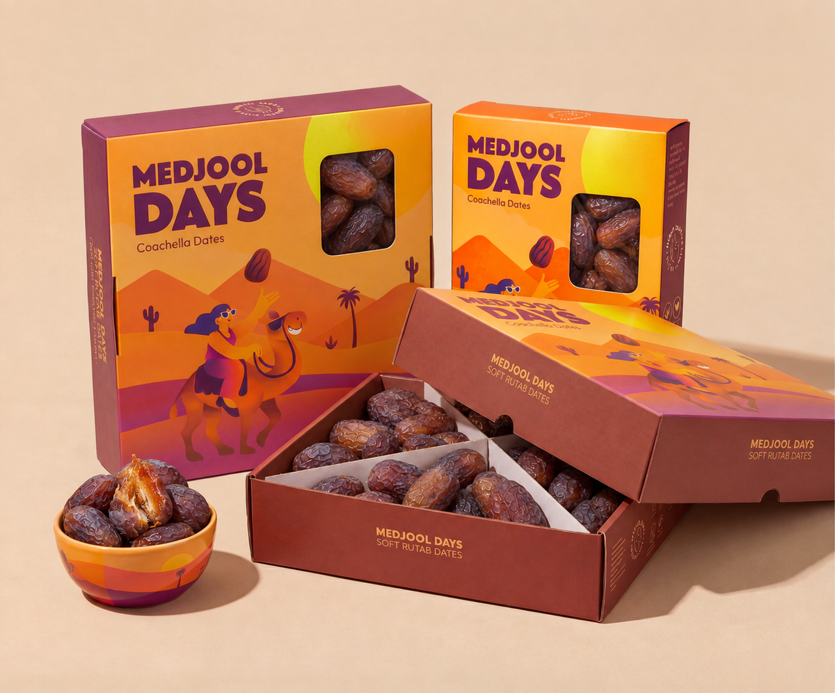 Medjool Days Soft Rutab dates in open carton with date-filled serving bowl