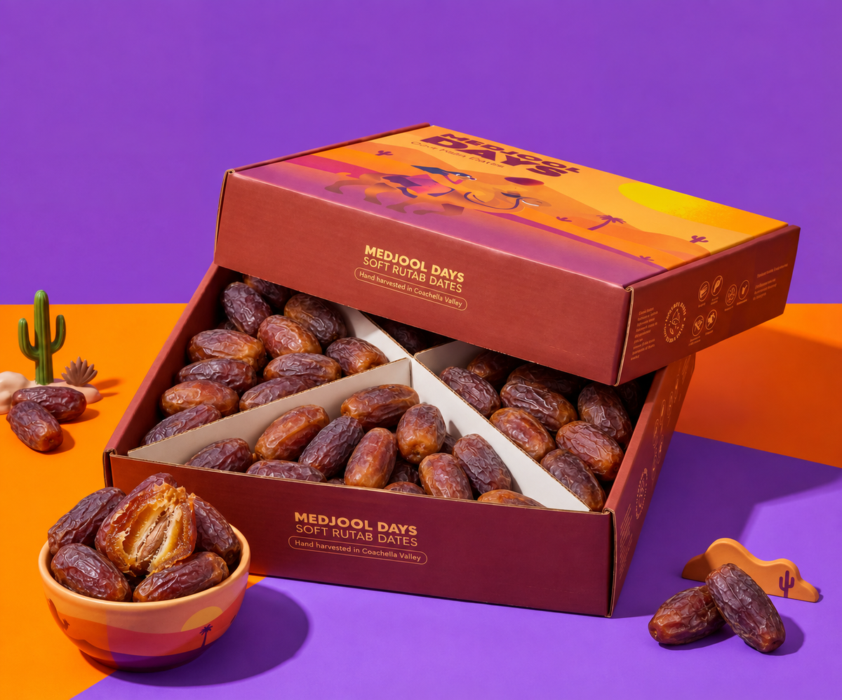 Medjool Days Soft Rutab dates in open box with whole dates inside