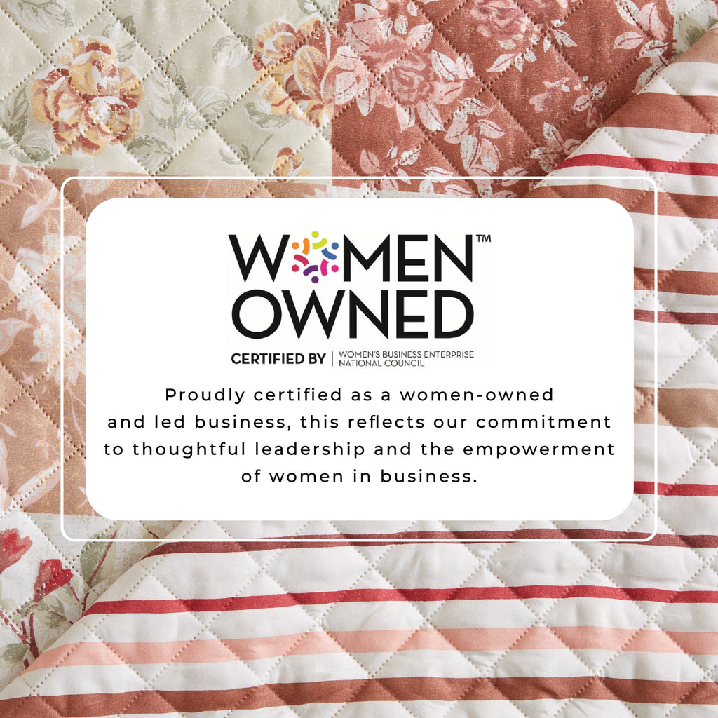 Quilted floral patchwork protector featuring a Women Owned certification badge